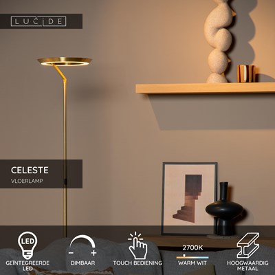 Lucide CELESTE - Vloerlamp - Ø 28 cm - LED Dimb. - 1x21W 2700K - Mat Goud / Messing